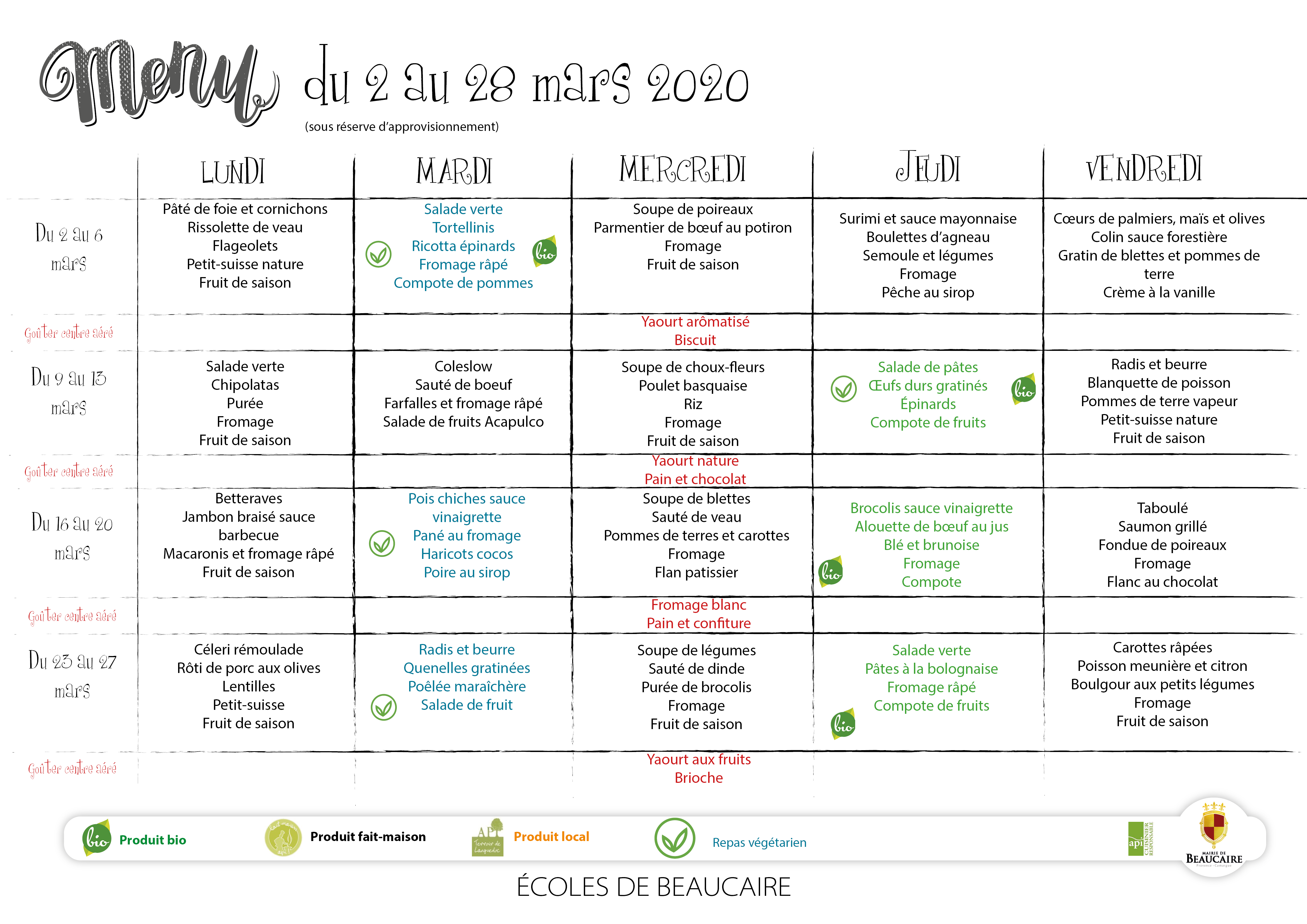 menu mars - Le site officiel de la Ville de Beaucaire